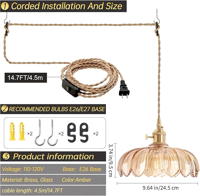 Shenmoyl Plug in Pendant Light Hanging Light Fixtures with Plugin Cord On/Off Switch,Amber Scindapsus Glass Lampshade Brass Pendant Light