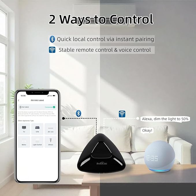Broadlink RM Max Smart Remote Matter Compatibility Universal Remote RF IR Blaster Support Alexa/Google/Apple Home, BLE/WiFi Smart Home Hub for TV & AC, Adapter & Sensor Cable Included