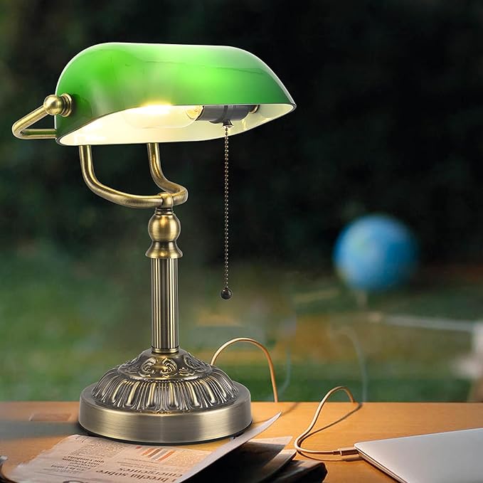 Bankers Desk Lamp with USB-A Charging Port, Vintage Desk Lamps with Pull Chain Green Glass, Antique Brass Banker's Lamp for Home Office Library