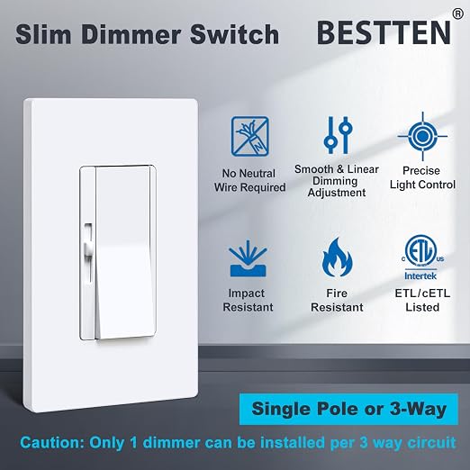 BESTTEN 20 Pack Super Slim Dimmer Light Switch, Quiet Rocker, Max 300W LED, CFL, 600W Incandescent, Single Pole or 3 Way Dimmable Switch with Screwless Wallplate, ETL Listed, White