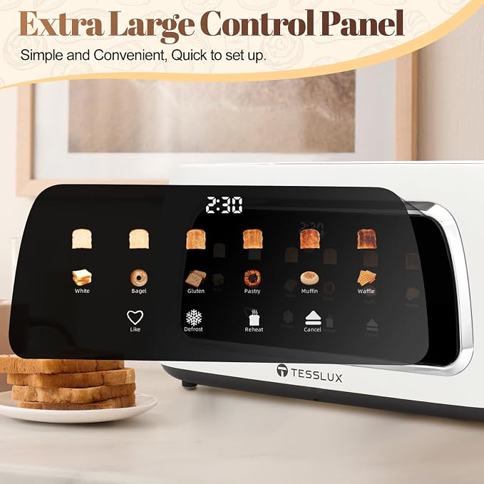 Tesslux 4 Slice Toaster with Touch Screen Control, 1.5" Wide Long Slots, 6 Browning Levels & 6 Bread Types, Digital Timer, Memory, Defrost, Reheat (White, 4 Slice)