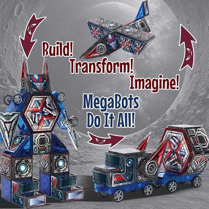 Little Pi Magnetic Tiles MegaBots | Heroic Transformation Robots with Sword & Shield | STEM Creative Building Play for Kids Age 3 4 5 6 7 8