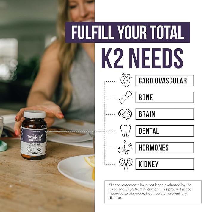Total K2® | Vitamine K2 sous forme de MK7 et MK4 | Plus K1 et vitamine D3 cofacteur - 620 mcg de K2 par portion - MK7 tout-trans issue de MenaQ7® - Vitamine K à spectre complet - Végétalienne, certifiée biologique (60 gélules)