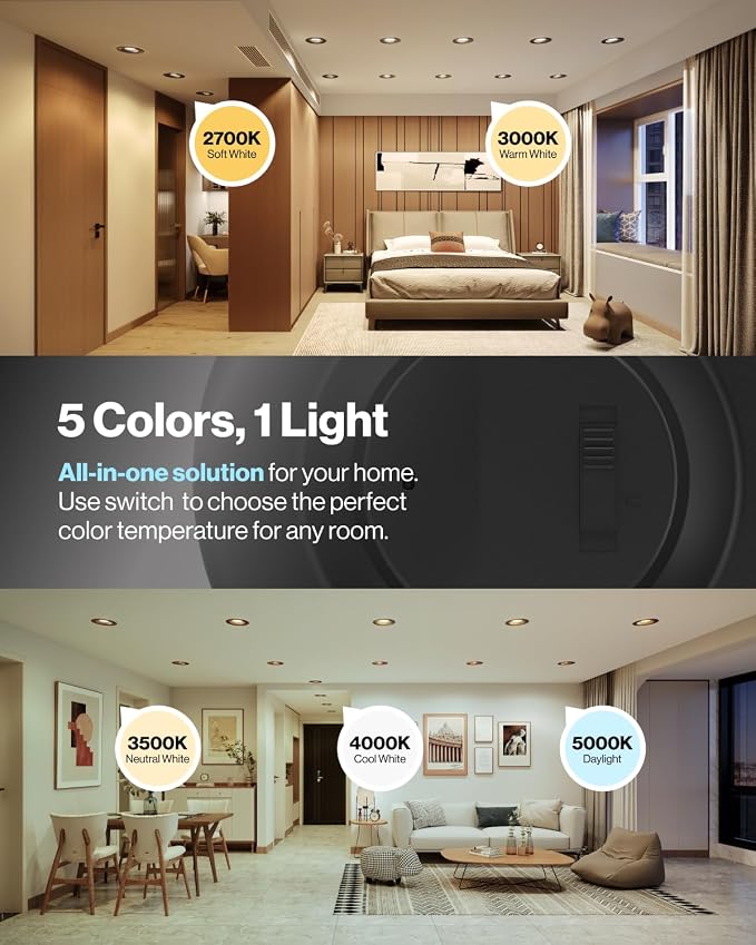 Sunco 24 Pack 5CCT Black LED Recessed Lighting 6 Inch, 2700K/3000K/3500K/4000K/5000K Selectable, Dimmable Can Lights, Baffle Trim, 13W=120W, 965 LM, Damp Rated, Retrofit Installation - UL Listed