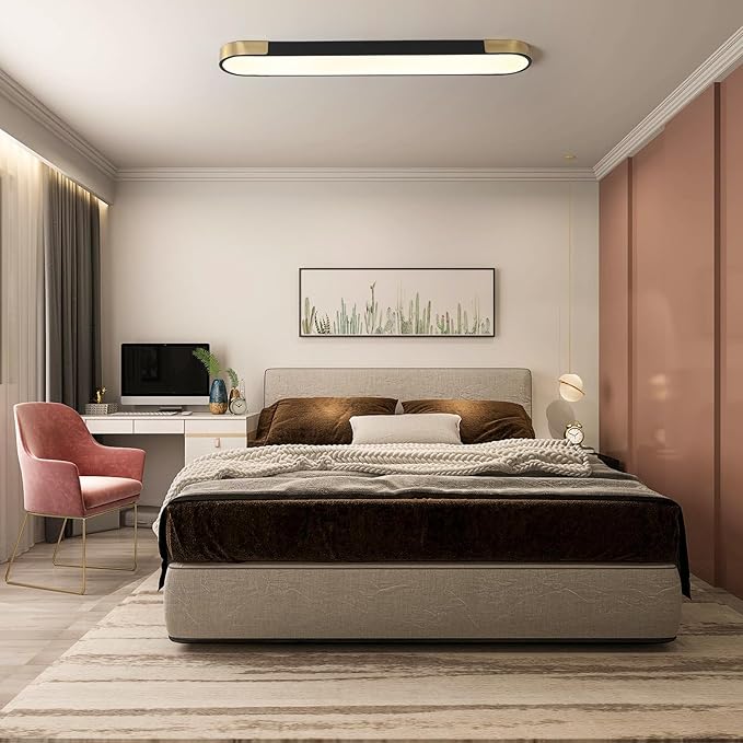 Qcyuui Kitchen Lighting Fixtures Ceiling,39.4 Inch Dimmable Modern Led Ceiling Light,Black and Gold Long Linear Ceiling Light Fixture for Office Bedroom Kitchen Hallway,(48W/3000-6500K)