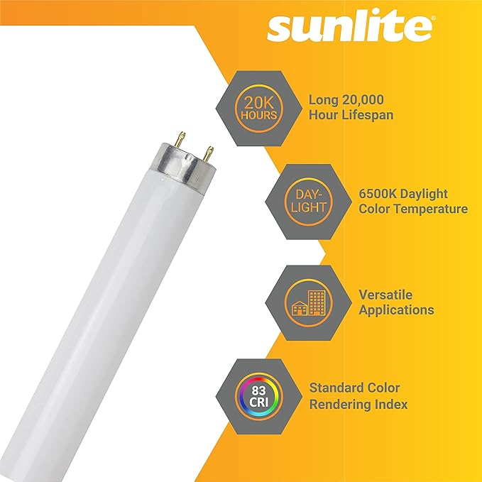 Sunlite F32T8/SP865 T8 Linear Fluorescent Lamp, 32 Watts, 3050 Lumens, 6500K Daylight, Medium G13 Bi Pin Base, High Performance Straight Tube, 30 Pack