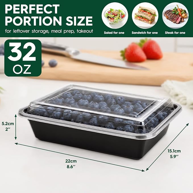 Glotoch Meal Prep Containers 32oz 50 Pack(100 Piece) with Lids, Plastic Food Storage Containers Reusable, Bento Boxes for Portion Control,Takeout, Lunch, Salad, Microwave/Freezer/Dishwasher safe