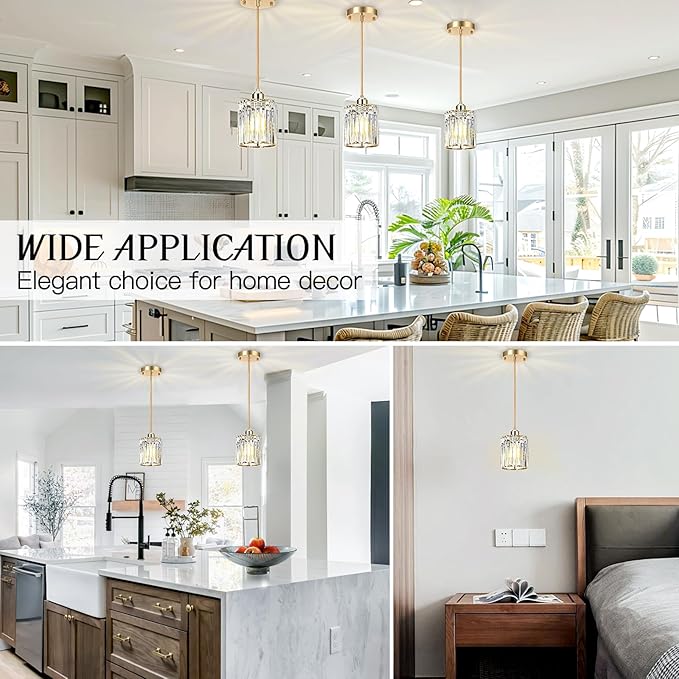 3 Pack Gold Pendant Light, Elegant Modern Island Lights for Kitchen with Crystal Glass – Luxury Mini Pendant Light for Kitchen Island, Dining Table, Entryway, Restaurant
