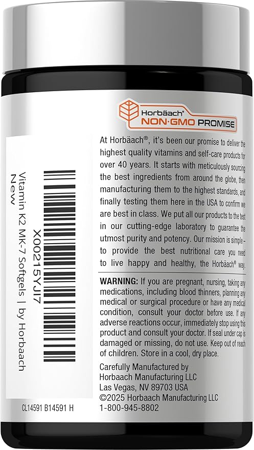 Horbäach ビタミンD3 K2 5000 IU | 100mcg MK-7 コンプレックス | 180ソフトジェルカプセル | 非遺伝子組み換え＆グルテンフリーサプリメント
