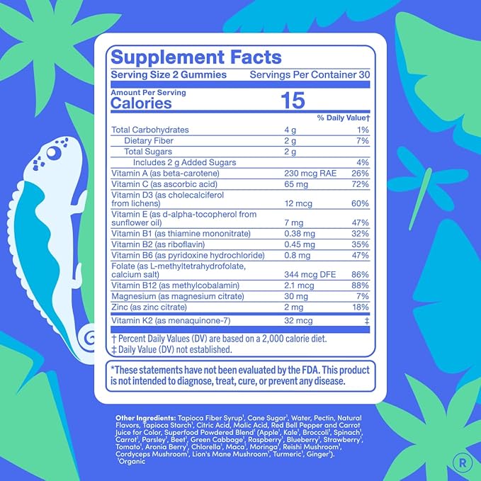 FIRST DAY Vitamines pour Adolescents - Multivitamines pour Adolescents Filles et Garçons 12-17 ans, Mélange Biologique de Fruits et Légumes - 12 Nutriments Clés : Vitamines A, B1, B2, B6, B9, B12, C, D3, E, K2 - Approvisionnement de 60 Jours