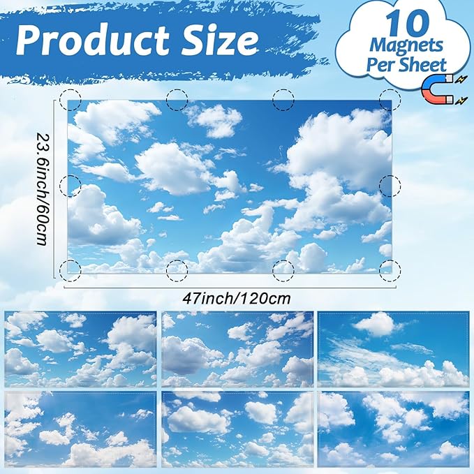 12 Pcs Fluorescent Light Covers with 120 Magnets Decorative for Classroom Ceiling Light 4 x 2 Feet Magnetic Light Covers Filter Easy Install for Office Hospitals Home Supplies(Blue Sky White Clouds)