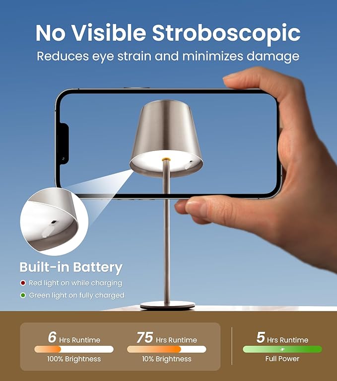 3 Pack Cordless Table Lamp, Portable Battery Operated Lamp with 3 Color Temps and Stepless Dimming, Rechargeable Table Lamp for Dinner, Desk, Cafe, Outdoor (Brushed Silver)