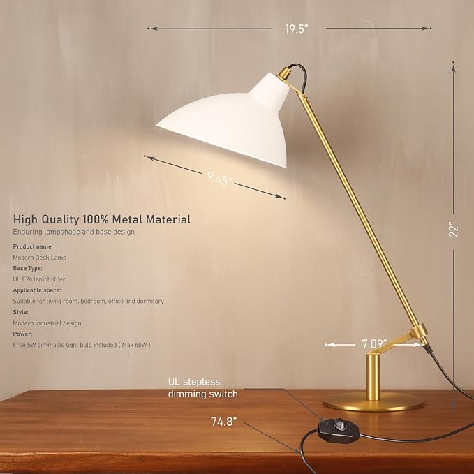 Desk Lamp Modern Industrial 100% Metal Adjustable Table Lamp 24", Natural Light (4000K) with Dimmer, Ideal for Office Bedroom Study Room Living Room Nightstand Bedside Lamps White+Brass