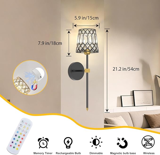Black and Gold Battery Operated Wall Sconces Set of 2, Crystal Rechargeable Wireless Wall Sconce Lights for Home Decor, Dimmable 12 RGB and 3CCT Wall Lamps with Remote for Living Room Bedroom Hallway