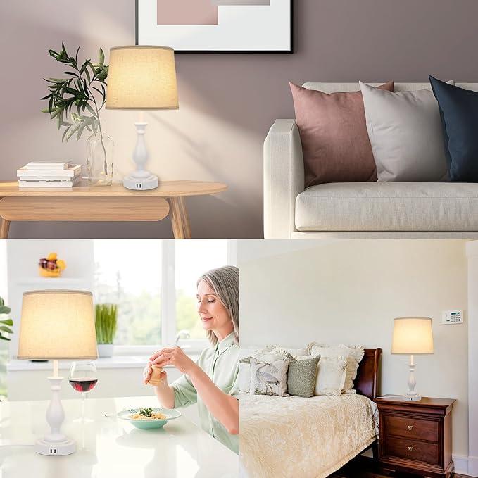 LALISU Farmhouse Table Lamp Touch Control 3-Way Dimmable Table Lamp, Modern Nightstand Lamp with 2 USB Port Bedside Desk Lamp with Fabric Shade for Living Room Bedroom Hotel (Pack 1-Off White)