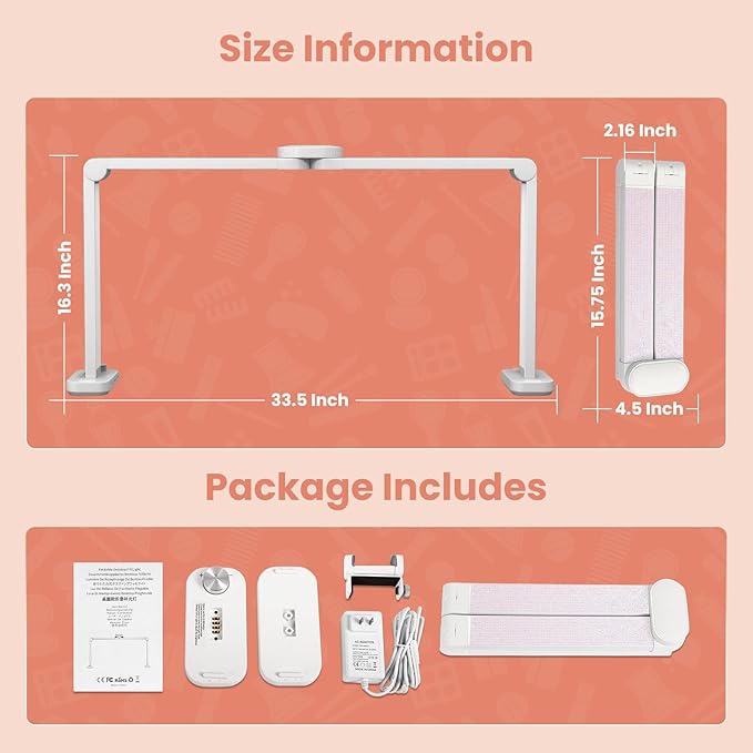 Half Moon Light for Nail Desk, 34“ Large Square Nail Lamp for Desk with Phone Holder, Professional Manicurist Desktop Lamp, LED Light Suitable for Manicures, Tattoos, White with Rhinestones