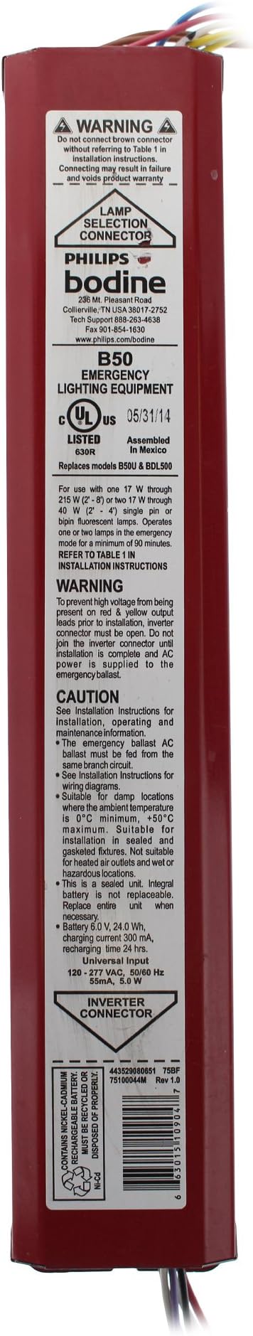Bodine B50 Fluorescent Emergency Ballast, T5 T8, 2 Lamp, 120/277V