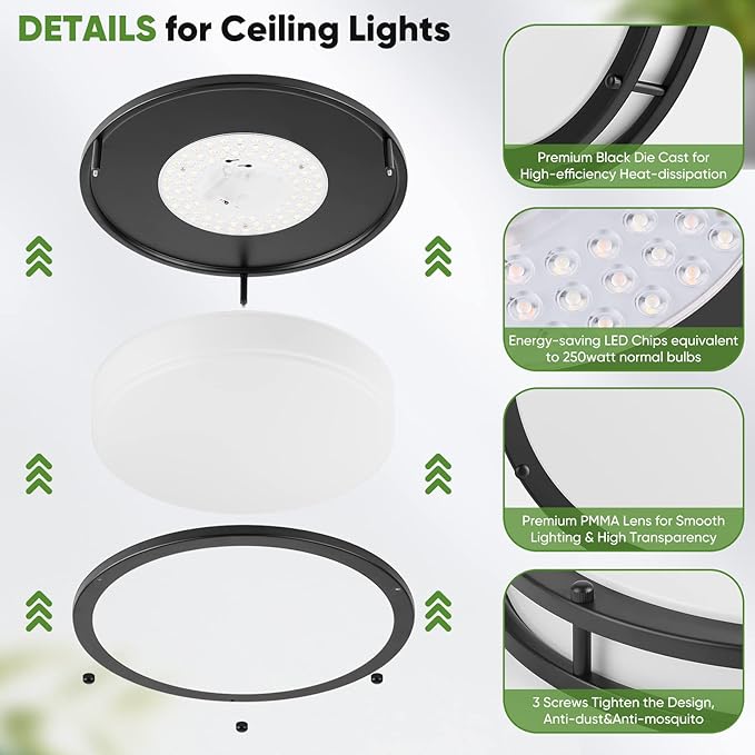 2-Pack 36W LED Ceiling Lights Black, 13inch Flush Mount Light Fixtures 3600LM 2700K/3000K/4000K/5000K/6500K Color Changing Ceiling Lights, Modern Dimmable Lighting for Kitchen Living Room Bedroom