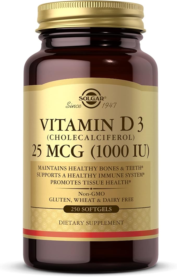 Solgar ビタミンD3（コレカルシフェロール）25mcg（1000 IU）、250ソフトジェル - 健康な骨と歯の維持をサポート - 免疫システムのサポート - 非遺伝子組み換え、グルテンフリー、乳製品不使用 - 250回分