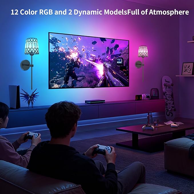 Black Battery Operated Wall Sconces Set of 2, Crystal Rechargeable Wireless Wall Sconce Lights for Home Decor, Dimmable 12 RGB and 3CCT Wall Lamps with Remote for Living Room Bedroom Hallway