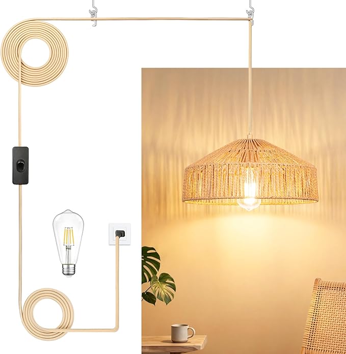 Qingmiao Boho Plug in Pendant Light, Rattan Hanging Lamp Plug in with Woven Shade, 3-Way Dimmable Hanging Light Fixture for Living Room Bedroom Kitchen Ceiling Home Decor