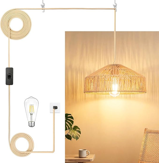 Qingmiao Boho Plug in Pendant Light, Rattan Hanging Lamp Plug in with Woven Shade, 3-Way Dimmable Hanging Light Fixture for Living Room Bedroom Kitchen Ceiling Home Decor