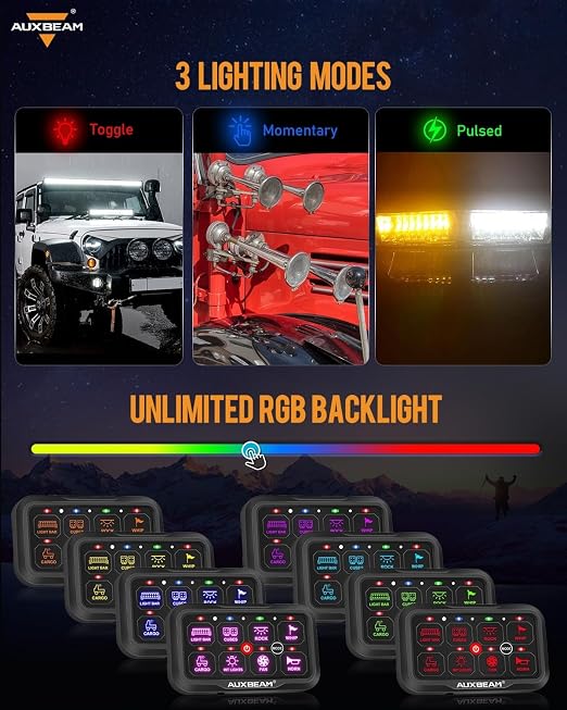 Auxbeam 8 Gang Switch Panel Bluetooth RGB AC-800 with APP&Remote Control Toggle Momentary Pulsed Switch Pod Off Backlight for Truck Offroad UTV ATV Car Marine 12-24V Waterproof 3 Years Warranty