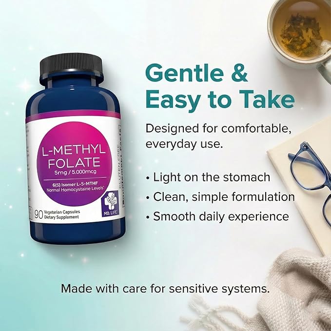 MD Life L-Méthylfolate 5mg - Supplément de Méthylfolate Actif de Qualité Professionnelle - Potentiel Maximal - Suppléments MTHFR - L-méthylfolate 5mg 90 Gélules - Acides Aminés Essentiels