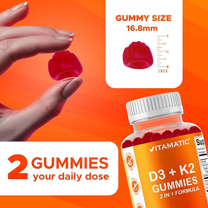 Vitamatic Bonbons Gommes Vitamine D3 et K2 (Lot de 2, 60 unités) Soutient la santé des os, la santé cardiaque, l'absorption du calcium et la fonction immunitaire À base de plantes, Sans OGM, Sans gluten