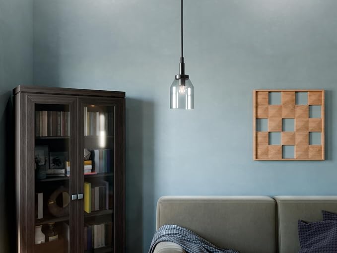 Kichler Madden 1-Light Mini Pendant Light with Clear Glass in Black, Modern Kitchen Island Hanging Light Fixture for Bathroom or Kitchen, Sloped Ceiling Compatible (15" x 7"), 52725BK