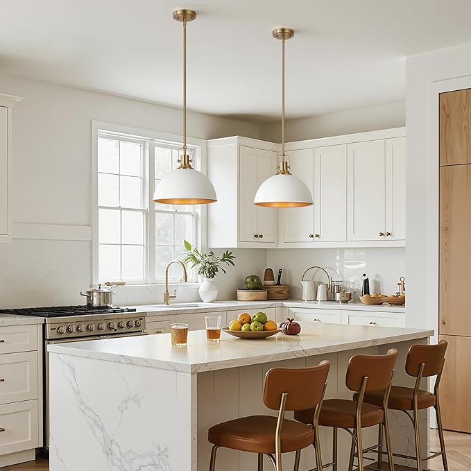 LamQee 13 Inch White and Gold Metal Pendant Light Kitchen Island, Farmhouse Modern Dome Pendant Light Fixtures Ceiling Hanging Lighting Chandelier for Dining Room Over Table, Bar, Hallway, Entryway