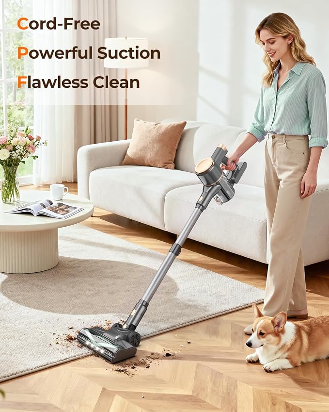 UML0 N8 Cordless Stick Vacuum Cleaner,Lightweight Vacuum Cleaner with Powerful Suction,Self-Standing,Rechargeable Vacuum Cleaners for Home Hardwood Floor Carpet Pet Hair (Gold)