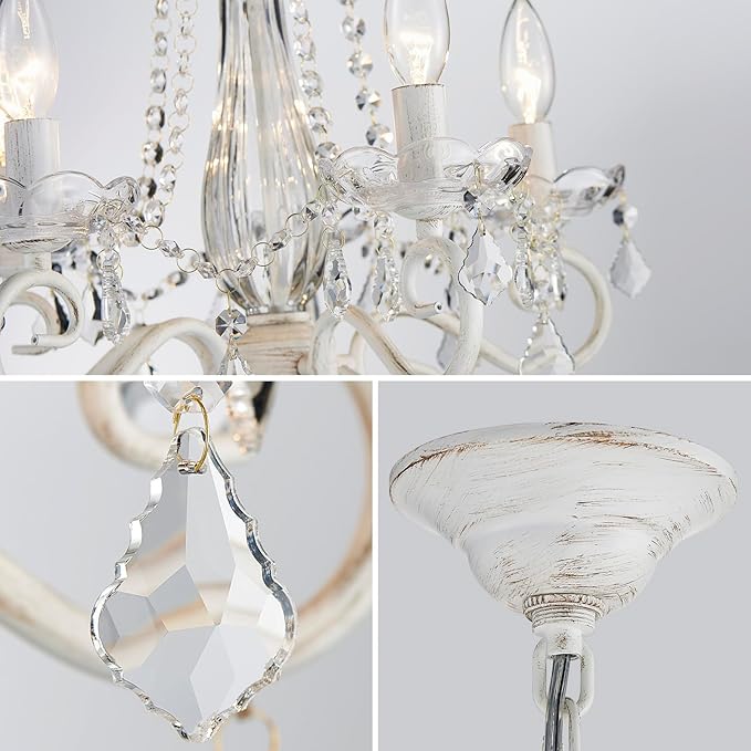 ANJIADENGSHI Small Crystal Chandelier, Modern White Chandelier Dining Room Light Fixture, Mini Crystal Pendant Light for Bedroom Ceiling Light Fixture for Living Room Entryway Kitchen Island Hallway