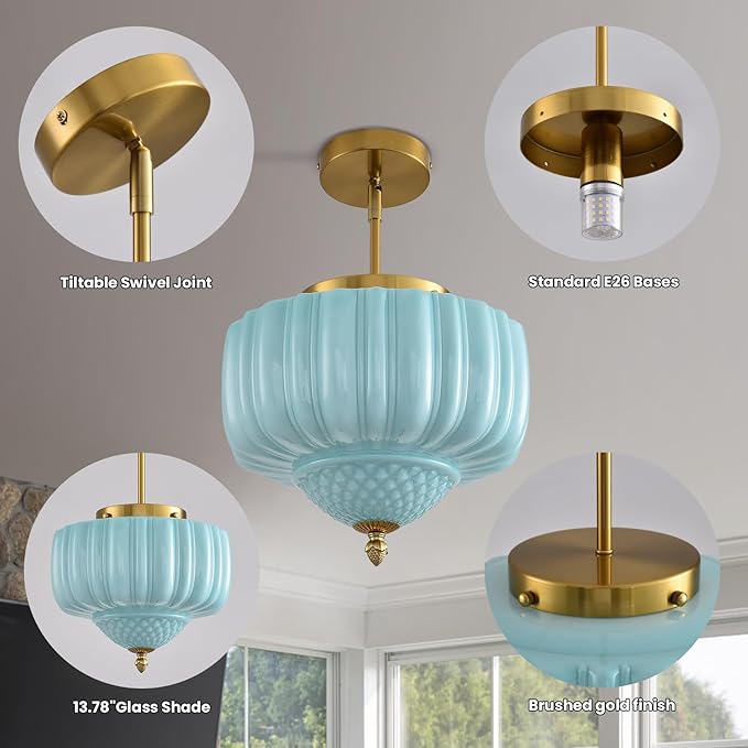 Blue Glass Pendant Light, 11.8 inch Pendant Light Fixture with Floral lampshade, Height Adjustable Brushed Gold Vintage Hanging Lamp for Dining Room Kitchen Island Bedroom Living Room Entryway
