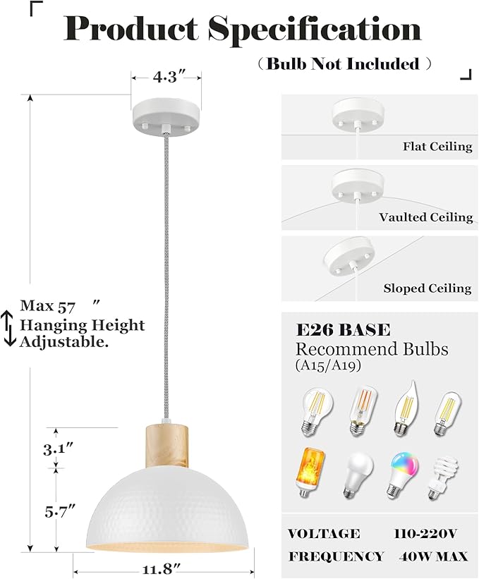 ELYONA 2 Pack Hammered Pendant Lights, 12" Modern Metal Dome Hanging Lamp Solid Wood Pendant Light Fixtures for Kitchen Island, Farmhouse, Dining Room, Sink, Bedroom, Hallway, Nordic White