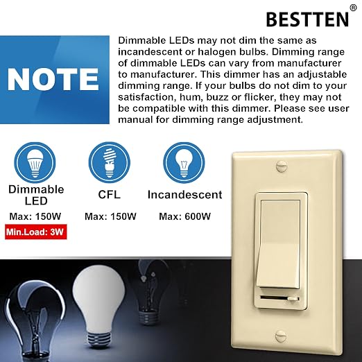 BESTTEN 6 Pack Dimmer Wall Light Switch, Compatible with Dimmable LED, CFL, Incandescent and Halogen Bulb, Single Pole or 3-Way Dimmer Switches, 120VAC, Decorator Wallplate Included, Almond