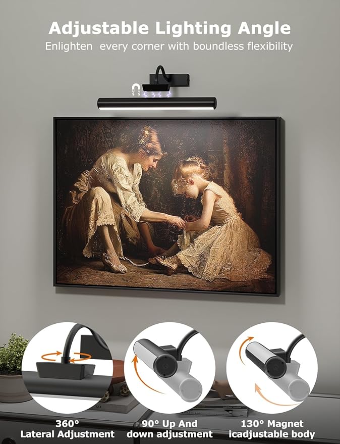 16" Aluminum Wireless Picture Lights for Wall, 5000mAh Rechargeable Battery Operated Wall Art Lighting, Dimmable 3-Color Gallery Painting Light for Pictures On Wall, with Remote/Timer [Black, 1Pack]
