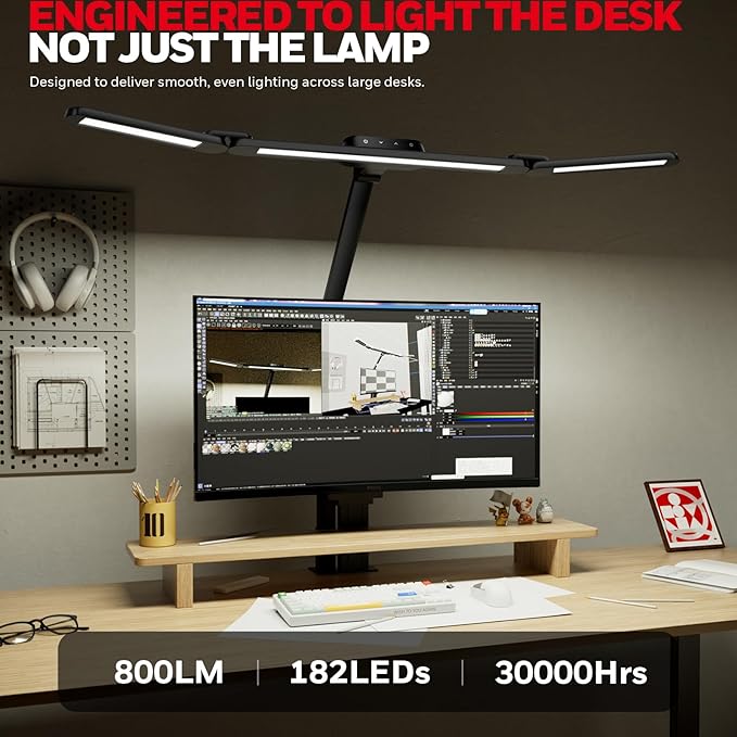 Honeywell Wide Desk Lamp with Clamp for Dual Monitors, 22W Full-Spectrum Eye-Caring LED Desk Lamp for Home Office, 3-Section Adjustable Architect Light for Large Desk, Stepless Dimming, 3000K-5700K