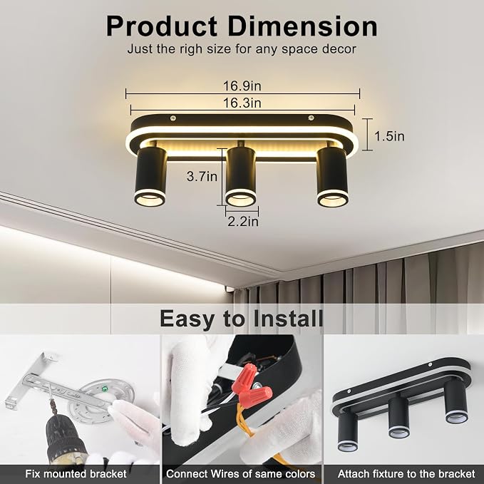 LED 3 Light Track Lighting Spotlight Kit, Black Ceiling Spotlights, Modern Track Light Fixture with Flexibly Rotatable Light Heads, 35W+15W Dual Lighting for Kitchen Living Room,Includes 3 x GU10 Bulb