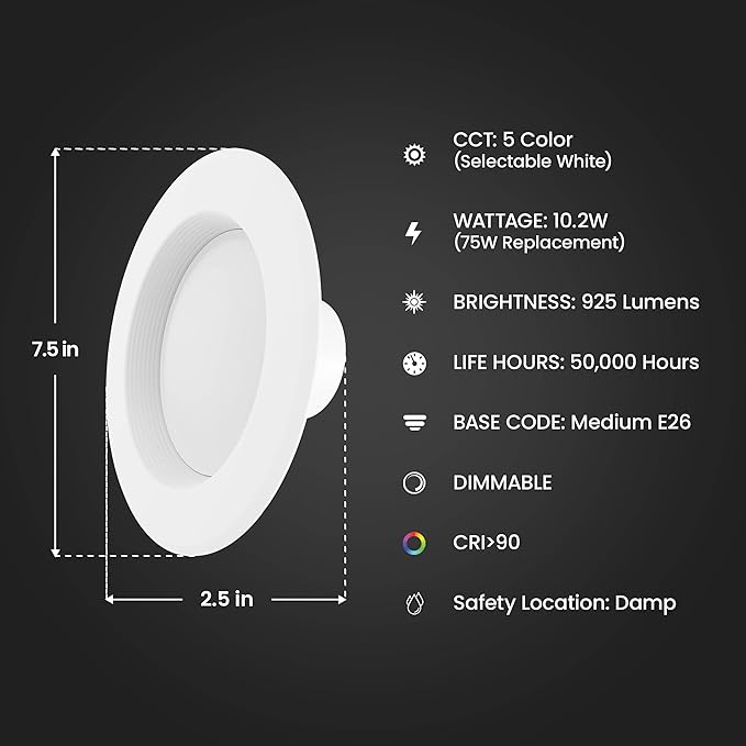 Feit Electric LED Recessed Light Retrofit Kit - 5/6 in Dimmable with Baffle Trim, 75W Equivalent, Adjustable White 2700K–5000K, 90+ CRI, for Living, Bathroom, Dining & Kitchen Room