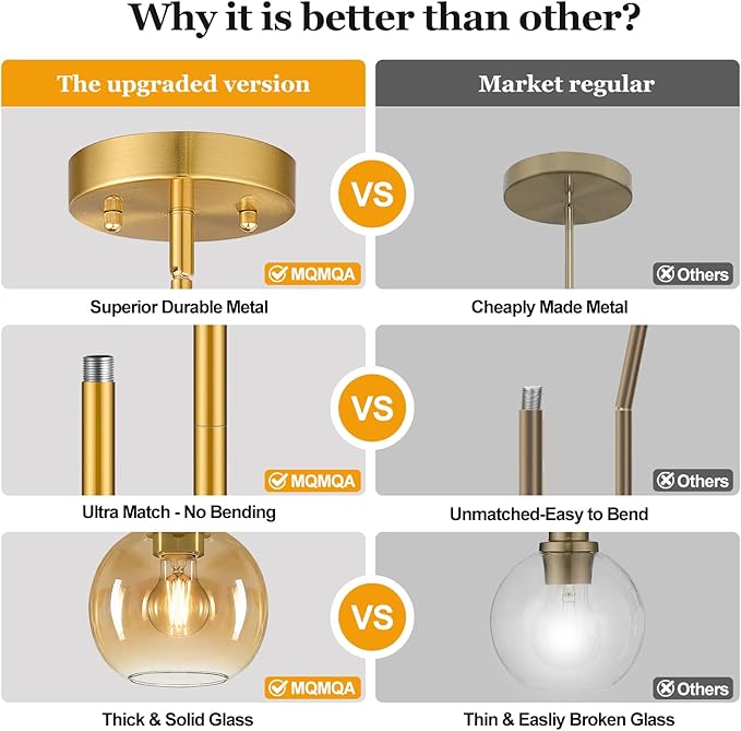 2 Pack 22"-50" Height Adjustable Glass Pendant Lights Kitchen Island, Globe Brushed Gold Pendant Lights with Amber Glass Shade, Mid Century Pendant Light Fixtures Kitchen Pendant Lighting over Island