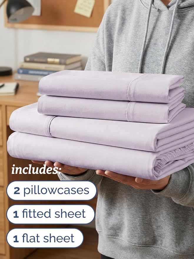 Twin XL 4 Piece Sheet Set - Comfy Breathable & Cooling - Soft Hotel Luxury Bedding Set with 8-16 Inch Deep Pockets - 1 Flat & 1 Fitted Sheet & 2 Pillowcases - Wrinkle Free & Easy Care - Light Lavender