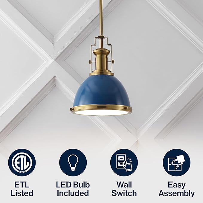 JONATHAN Y JYL9535G 10" Modern Industrial Dome Pendant Light, Farmhouse Hanging Light Fixture in Navy and Brass Gold, Adjustable Height Metal Lighting for Kitchen Island, Dining Room, Entryway