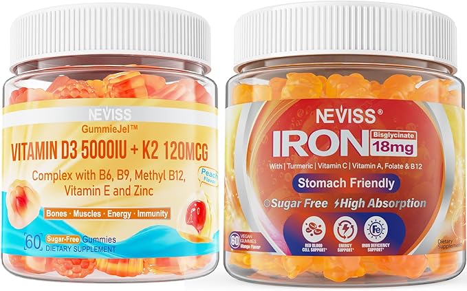 NEVISS Vitamin D3 5000IU + K2 (MK-7) 120mcg, Sugar-Free Vegan Iron Gummies Supplement with Vitamin C, B12, Folate & Turmeric - Energy & Immune Health