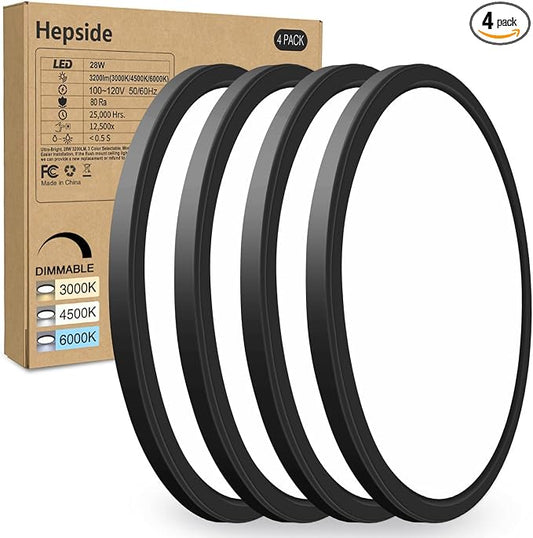 hepside 4PACK Flush Mount LED Ceiling Light Fixture Black, 12Inch 28Watt, Dimmable & 3000K-4500K-6000K Ceiling Lamp 3200LM Low Profile Ceiling Light for Kitchen Bedroom Hallway Porch