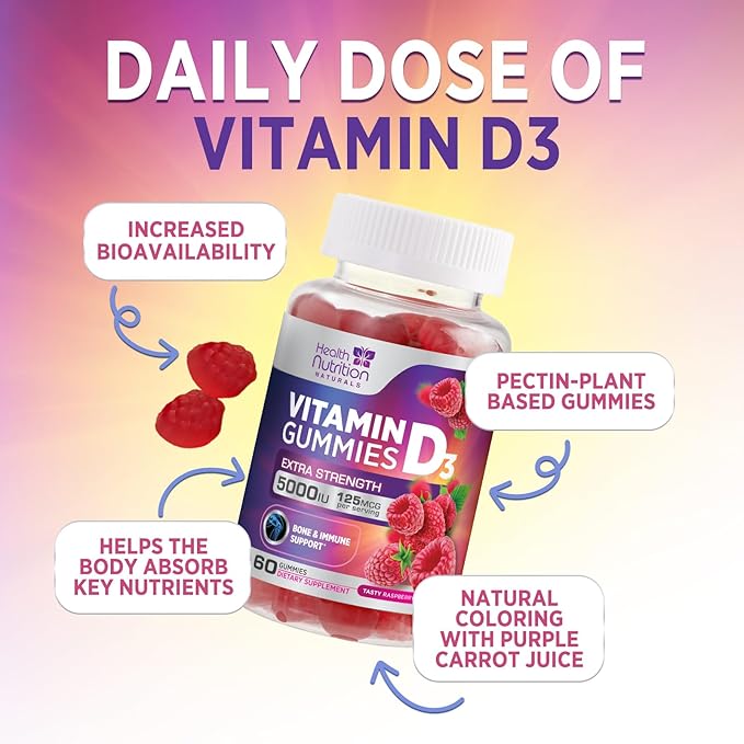 Vitamin D3 Gummies 5000 IU (125 mcg) - 3X Strength Immune Support and Bone Support, Vitamin D Gummy Dietary Supplement, Nature's Berry D Vitamin Supplement, Raspberry Flavored, Non-GMO - 60 Gummies