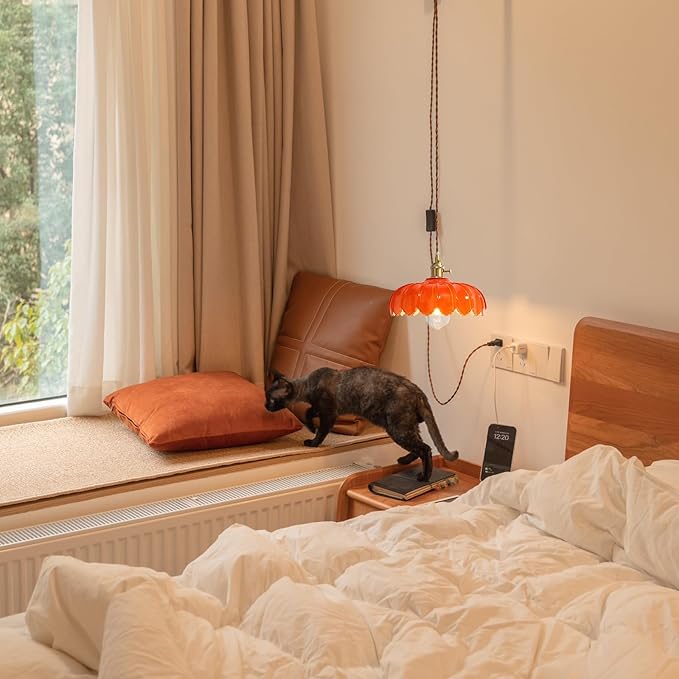 XZHGCEE Plug in Pendant Light: Hanging Light Plug in Orange Glass Hanging Lamp, Pendant Lighting for Kitchen Island, Bedroom, Dining Room, Living Room, E26 No Bulb
