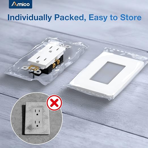 Amico Wall Outlet, UL Listed, Tamper Resistant Standard Electrical Outlet, Decorator Receptacle, Suitable for Home and Business, 125V/1875W, White, 15 Amp - Screwless Wall Plate, 1 Pack