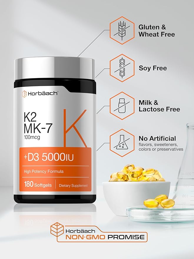 Horbäach ビタミンD3 K2 5000 IU | 100mcg MK-7 コンプレックス | 180ソフトジェルカプセル | 非遺伝子組み換え＆グルテンフリーサプリメント
