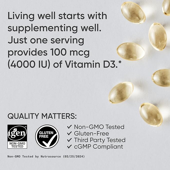 Sports Research® Vitamine D3 4000 UI avec huile de coco MCT - Supplément de vitamine D à double concentration - Sans gluten · Sans OGM · Sans soja - 360 gélules